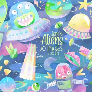 Clipart extraterrestres aquarelle - téléchargement OVNI - téléchargement immédiat - science-fiction - hommes verts - extraterrestres de l'espace - étoiles - planètes - pastels