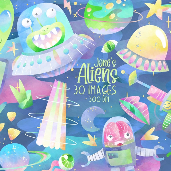 Watercolor Aliens Clipart - UFO Download - Instant Download - Sci-fi - Green Men - Space Aliens - Stars - Planets - Pastels