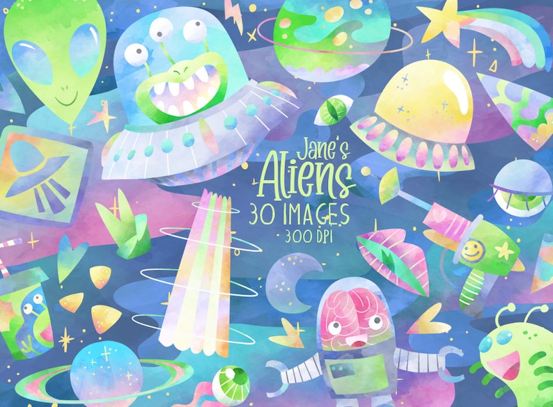 May include: A set of 30 watercolor illustrations featuring aliens, spaceships, planets, and other space-themed elements. The illustrations are in a bright, colorful style and are perfect for use in digital scrapbooking, card making, and other creative projects. The text in the image reads "Jane's Aliens 30 Images 300 DPI".