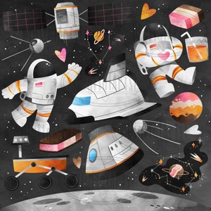 May include: A digital illustration of a space scene with astronauts, spaceships, planets, and stars. The illustration is done in a watercolor style with a black background and colorful accents.