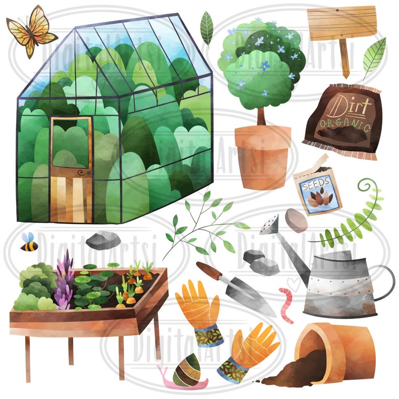 Greenhouse Plants Watercolor Garden Clipart Dirt Watercolor Gardening Download Bugs Spade Instant Download Seeds Pots