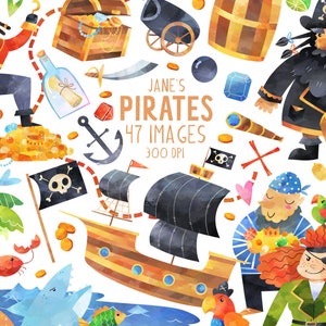 Clipart de Piratas em Aquarela - Download de Bucaneiros - Download Instantâneo - Scalleywags - Navio Pirata - Barba Negra - Alfanje - Bandeira Pirata