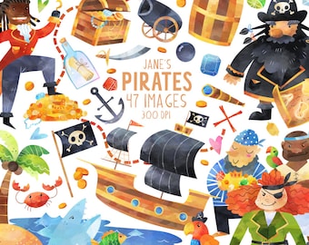 Aquarelle Pirates Clipart - Buccaneers Télécharger - Téléchargement instantané - Scalleywags - Bateau Pirate - Barbe Noire - Coutelas - Drapeau Pirate