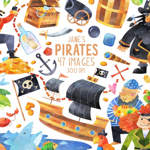 Aquarelle Pirates Clipart - Buccaneers Télécharger - Téléchargement instantané - Scalleywags - Bateau Pirate - Barbe Noire - Coutelas - Drapeau Pirate