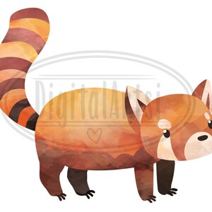 May include: A watercolor illustration of a red panda with a striped tail. The red panda is standing on all fours and looking to the right. The illustration is done in a soft, whimsical style.