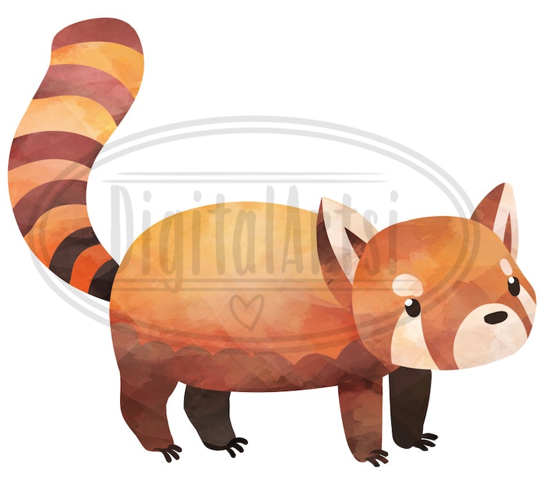 May include: A watercolor illustration of a red panda with a striped tail. The red panda is standing on all fours and looking to the right. The illustration is done in a soft, whimsical style.