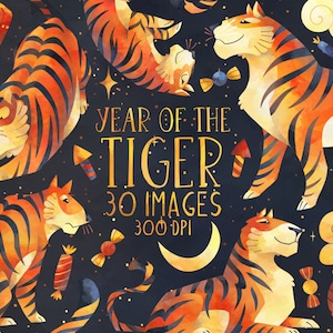 Jahr des Tigers Clipart - Neujahr Download - Tigers - Laternen - Feuerwerk - Wolken - Sterne - Mond - Feier