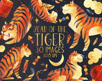 Year of the Tiger Watercolor Clipart: Lunar New Year (Digital Download)