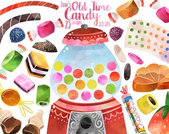 Watercolor Old Time Candy Clipart - Sweets Download - Instant Download - Taffy - Licorice - Butterscotch - Gummy Soda - Gumball Machine