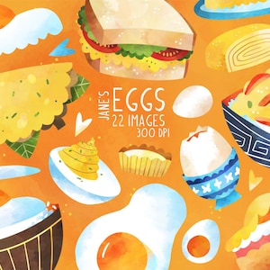 Imágenes prediseñadas de huevos en acuarela - Gráficos de alimentos - Descarga digital - Platos con huevos - Huevos fritos - Huevos rellenos - Huevos Benedict - Huevos con arroz