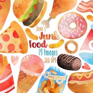 Watercolor Junk Food Clipart: 19 PNG Images (Digital Download, Human Made)