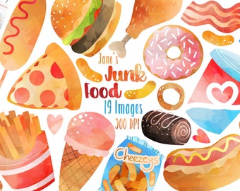 Watercolor Junk Food Clipart - Food Download - Instant Download - Pizza - Donut - Hot Dog - Hamburger - Donut - Ice Cream - Cheat Day