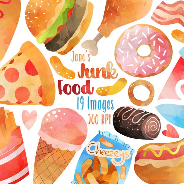 Watercolor Junk Food Clipart - Téléchargement de nourriture - Téléchargement instantané - Pizza - Donut - Hot-dog - Hamburger - Donut - Crème glacée - Cheat Day