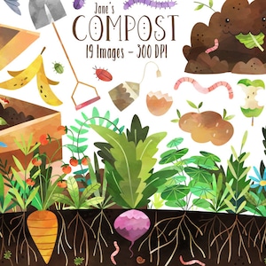 Clipart de compost de acuarela - Descarga de jardinería - Descarga instantánea - Material orgánico - Descomposición - Reciclaje - Naturaleza - Suelo - Suciedad