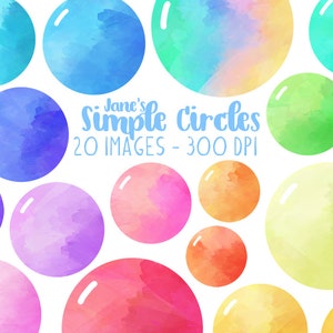 Può includere: Un set di 20 cerchi ad acquerello in vari colori, tra cui blu, verde, giallo, arancione, rosa e viola. I cerchi sono di dimensioni diverse e hanno un effetto acquerello morbido. Il testo "Jane's Simple Circles 20 IMAGES - 300 DPI" è scritto al centro dell'immagine.