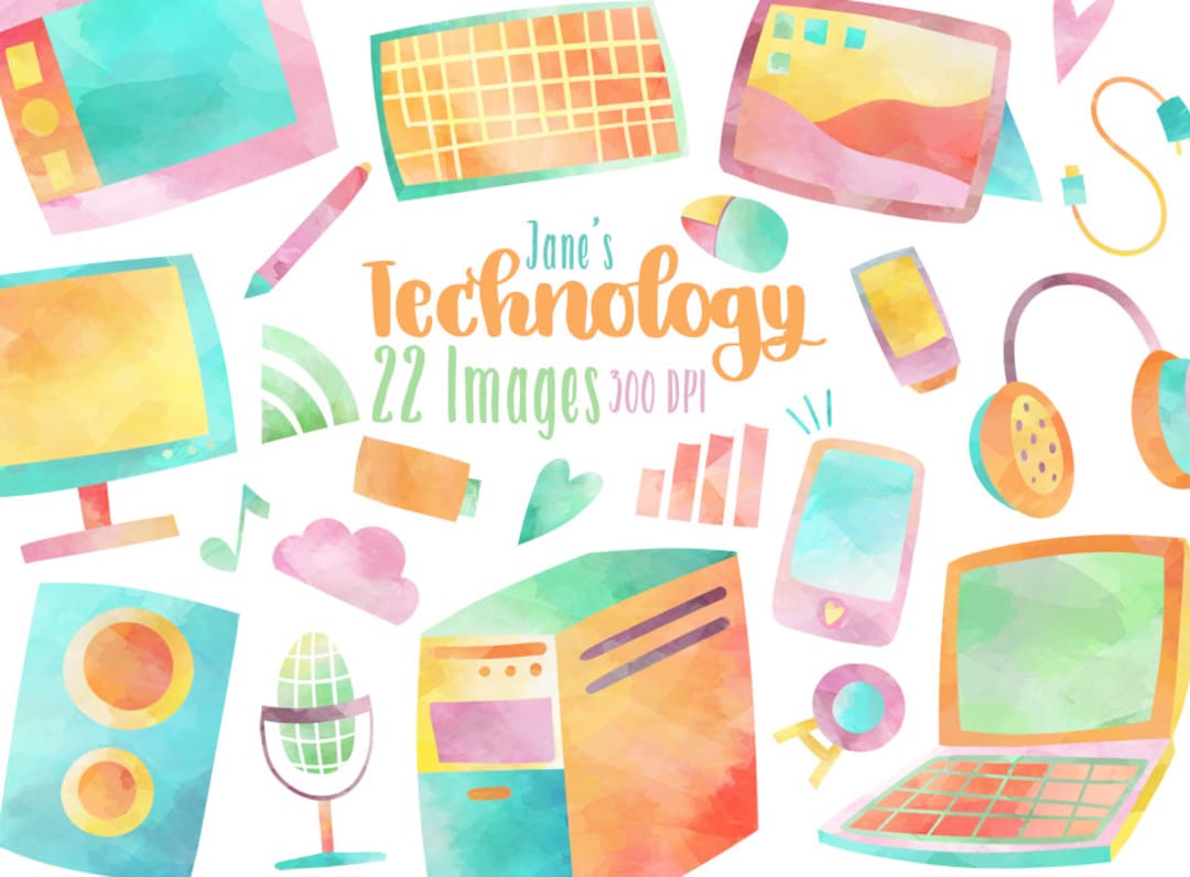 Watercolor Technology Clipart - Instant Download - Computer - Laptop -  Speaker - USB - Headphones - Icons - Monitor - Microphone - Etsy, image size:1080x796