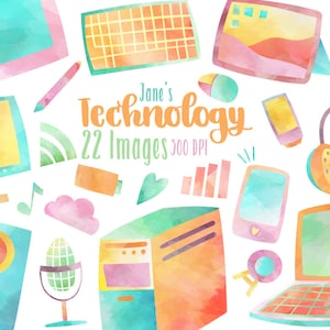 Watercolor Technology Clipart - Instant Download - Computer - Laptop - Speaker - USB - Headphones - Icons - Monitor - Microphone