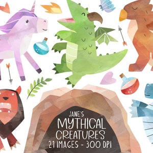 Aquarel mythische wezens clipart - direct downloaden - legendarische monsters - middeleeuwse fantasie - griffioen - feniks - draak - eenhoorn