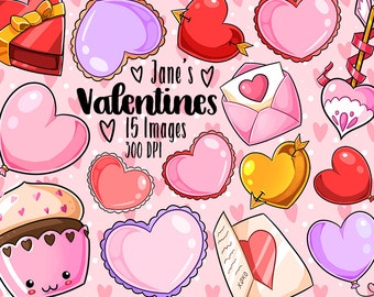 Kawaii Valentines Day Clipart - Kawaii Download - Instant Download - Chocolate Box - Heart Stamp - Arrow - Cupcake - Commercial Use