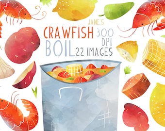 Watercolor Crawfish Boil Clipart: Louisiana Food Graphics (Digital Download)