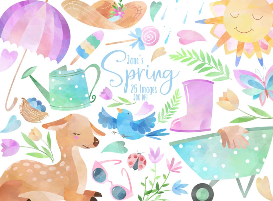 Watercolor Spring Clipart: Fawn, Flowers, Gardening (digital Download, Hand  Drawn) - Etsy, image size:1080x796