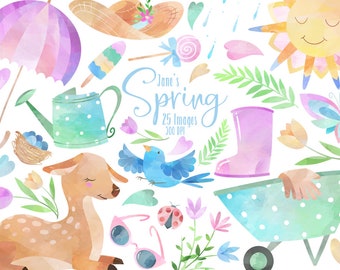 Watercolor Spring Clipart - Seasonal Download - Instant Download - Fawn - Sun - Gardening - Umbrella - Flowers - Watercolor Clipart