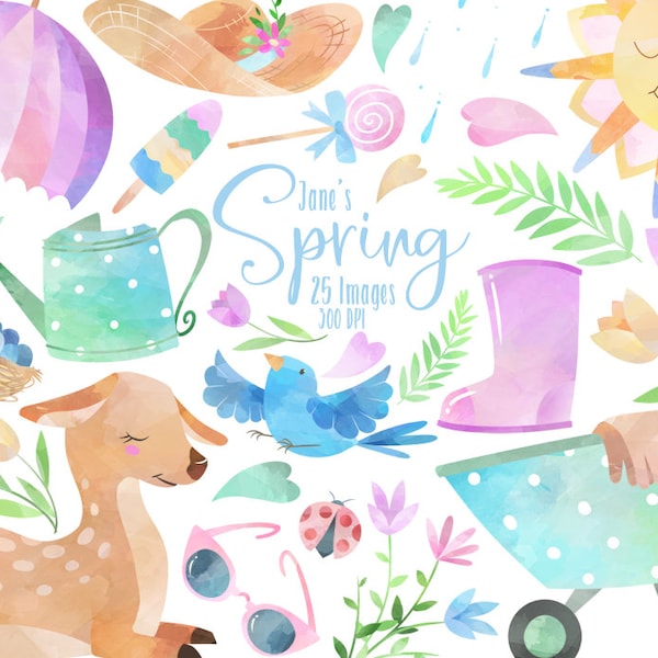 Watercolor Spring Clipart - Seasonal Download - Instant Download - Fawn - Sun - Gardening - Umbrella - Flowers - Watercolor Clipart