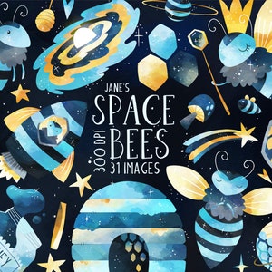 Aquarelle espace abeilles Clipart - téléchargement d'objets abeille - téléchargement immédiat - miel - ruche - nid d'abeille - galaxie - fusée - dessiné à la main