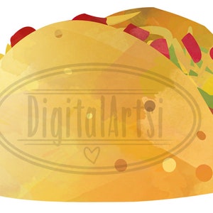 May include: A watercolor illustration of a yellow taco with red, green, and yellow fillings. The taco is folded in half and has a watercolor texture.