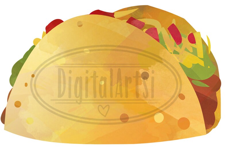 May include: A watercolor illustration of a yellow taco with red, green, and yellow fillings. The taco is folded in half and has a watercolor texture.