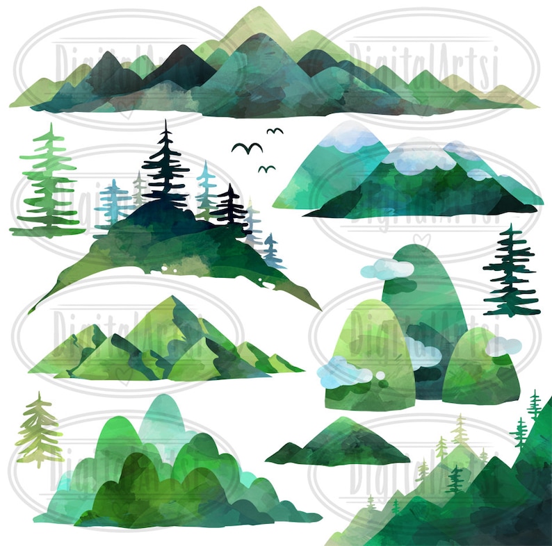 Green Hills Mountain Download Borders Cloudy Pine Trees Watercolor Mountains Clipart Corners Instant Download