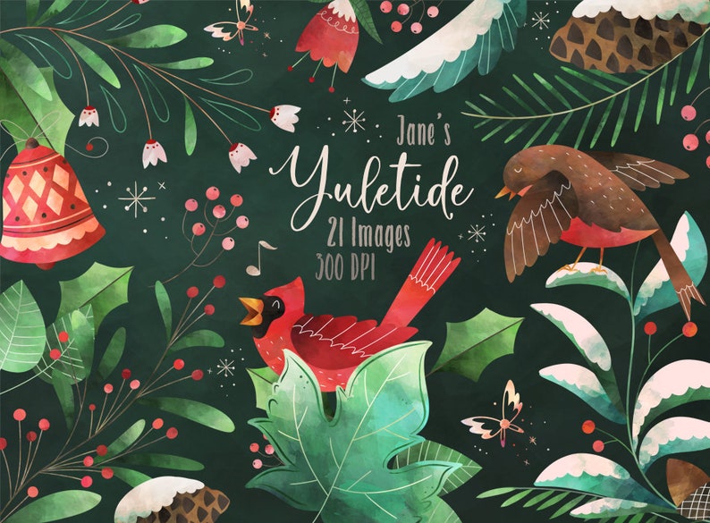 May include: A digital illustration of a winter scene with a cardinal, robin, holly, pine cones, and butterflies. The text "Jane's Yuletide 21 Images 300 DPI" is in the center of the image.
