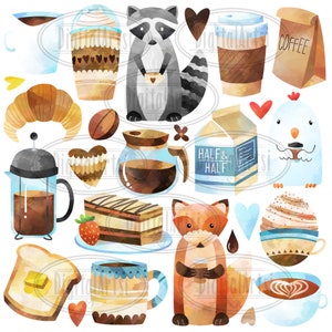 May include: Watercolor illustrations of coffee and cafe themed items, including a raccoon, a fox, a bird, a croissant, a coffee pot, a cup of coffee, a french press, a cake, a bag of coffee, and a milk carton that says "Half & Half".