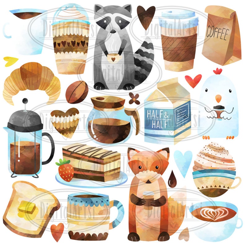 May include: Watercolor illustrations of coffee and cafe themed items, including a raccoon, a fox, a bird, a croissant, a coffee pot, a cup of coffee, a french press, a cake, a bag of coffee, and a milk carton that says "Half & Half".