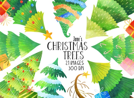 Watercolor Christmas Trees Clipart: Pine Trees Download (PNG, 300 DPI)