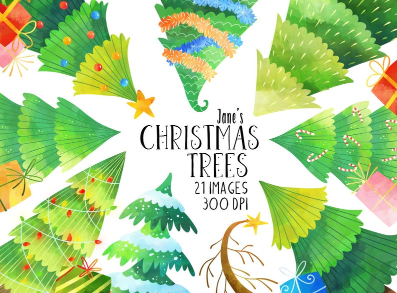 May include: A collection of 21 watercolor illustrations of Christmas trees in various styles and colors. The trees are decorated with ornaments, candy canes, and stars. The text "Jane's Christmas Trees 21 Images 300 DPI" is displayed in the center of the image.