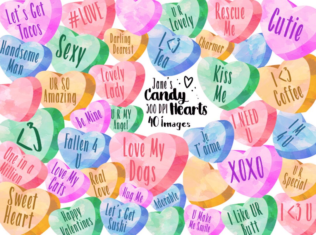 Watercolor Candy Hearts Clipart Valentines Day Graphics Download