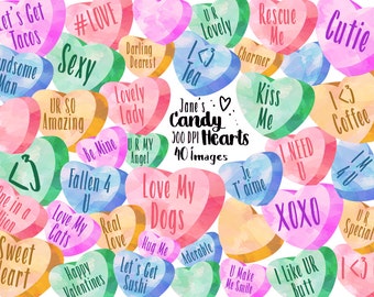 Watercolor Candy Hearts Clipart - Valentines Day Graphics Download - Instant Download - Valentines Notes - Cute Phrases