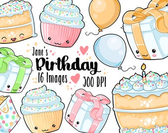 Kawaii Birthday Clipart - Birthday ClipArt - Instant Download - Rainbow Birthday Graphics - Cute Cake