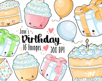 Kawaii Birthday Clipart: Rainbow Cake Graphics (Digital Download)