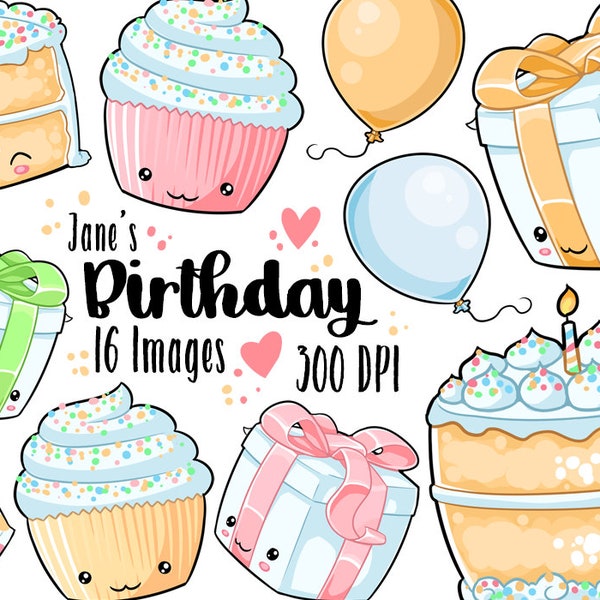 Kawaii Birthday Clipart - Birthday ClipArt - Instant Download - Rainbow Birthday Graphics - Cute Cake