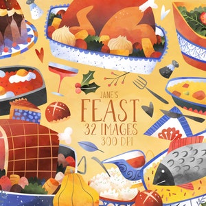 Clipart de fiesta de acuarela - Descarga de reunión - Descarga instantánea - Acción de Gracias - Comida familiar - Pavo - Jamón - Ensalada - Pescado - Cocina