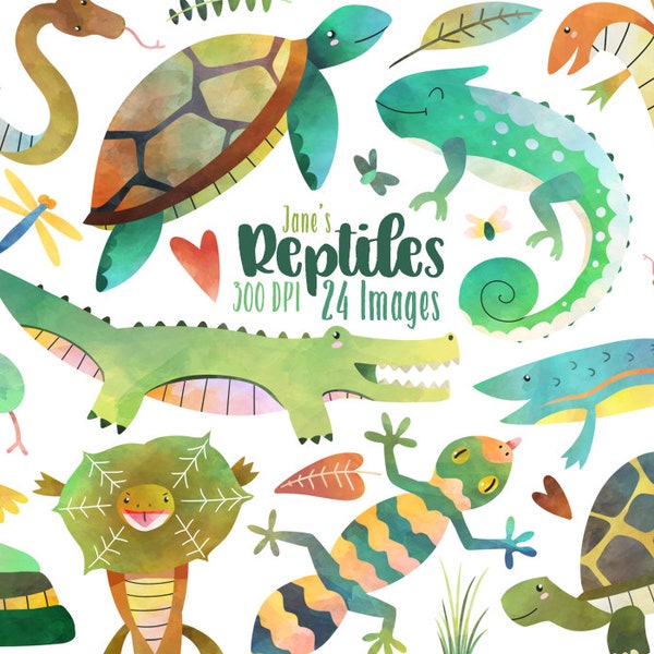 Watercolor Reptiles Clipart - Reptile Download - Instant Download - Chameleon - Lizard - Skink - Snake - Alligator - Turtle - Gecko