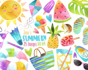 Summer Clipart - Seasonal Clipart - Instant Download - Watercolor Summer Clipart - Sun - Lawn Chair - Flip Flops - Popsicles - Vacation