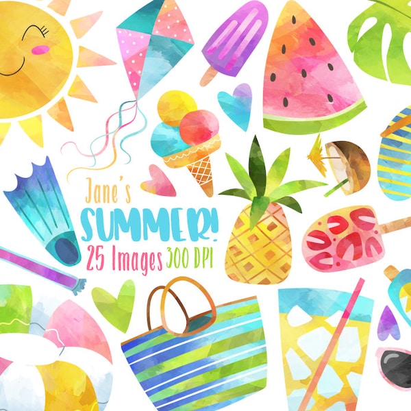 Summer Clipart - Seasonal Clipart - Instant Download - Watercolor Summer Clipart - Sun - Lawn Chair - Flip Flops - Popsicles - Vacation