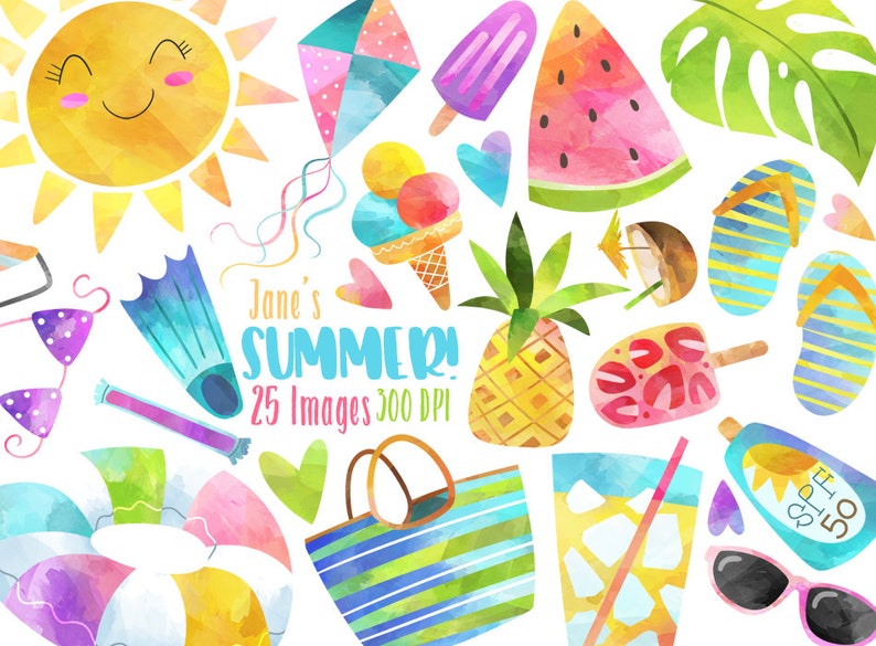 May include: A watercolor illustration set of summer themed images. The set includes a sun, a kite, ice cream, a pineapple, a watermelon, flip flops, a beach bag, a life preserver, a snorkel, sunglasses, a drink with a straw, and sunscreen. The text "Janie's Summer! 25 Images 300 DPI" is included in the image.
