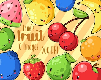 Clipart de frutas kawaii: limón, manzana y naranja (descargas digitales)