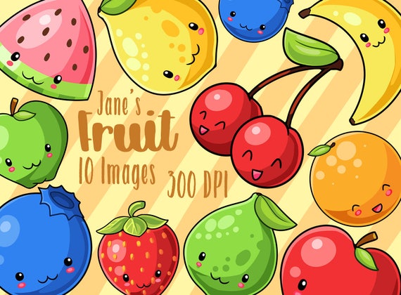 Kawaii Fruit Clipart Set: Lemon, Apple, Orange (Digital Downloads)