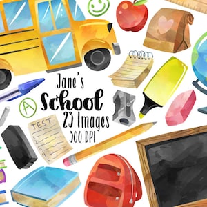 Clipart école aquarelle - téléchargement pour la rentrée - téléchargement immédiat - autobus scolaire - sac à dos - pile de livres - tableau noir