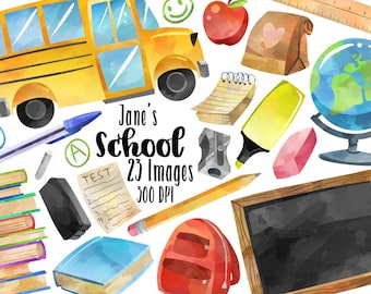 Watercolor School Clipart -  Back to School Download - Instant Download - School Bus - Backpack - Stack of Books - Chalkboard